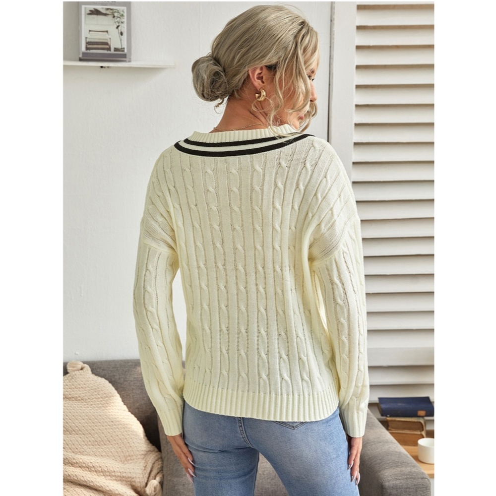Contrast Trim V Neck Dorp Shoulder Sweater - Picture 2 of 7